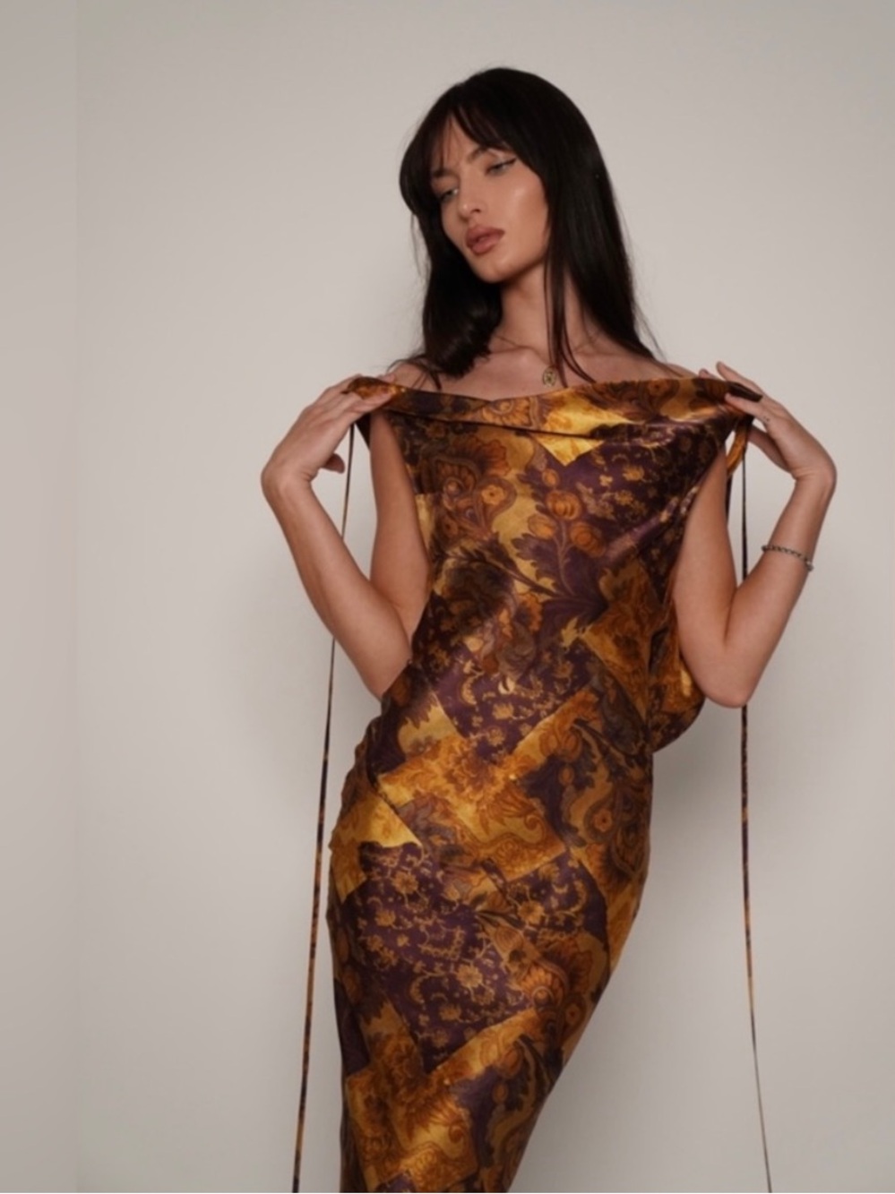 Mirror Palais Gold Brown Paisley Satin Cowl-Neck Gown